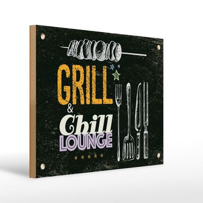 Cartel de madera con inscripción Grill & Chill Lounge gris 30x40cm