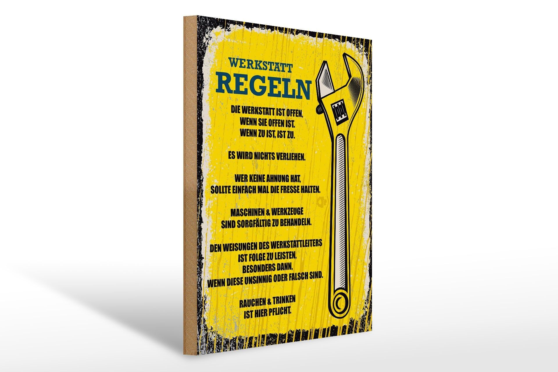 Cartello in legno con scritta "Regole dell'officina" 30x40 cm giallo