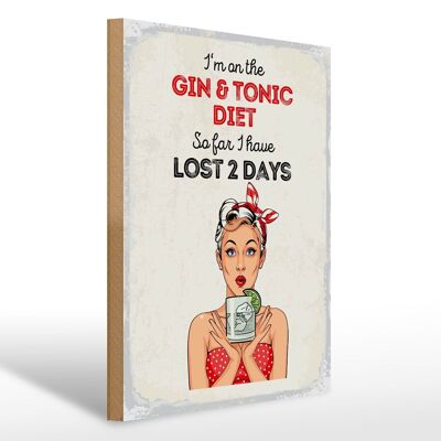 Cartello in legno con scritta "Sto seguendo la dieta Gin Tonic" rosso 30x40 cm