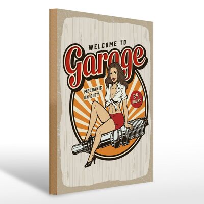 Cartel de madera que dice Pinup Bienvenido a Garage Mechanic en 30x40cm