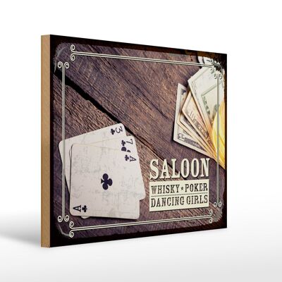Cartel de madera que dice Saloon Whiskey Poker Dancing 40x30cm