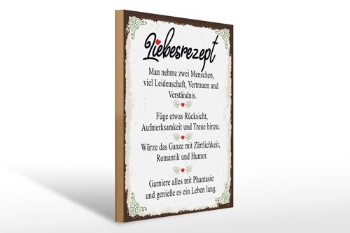 Holzschild Spruch Liebesrezept man nehme 2 Menschen 30x40cm