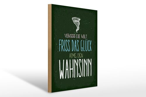 Holzschild Spruch Glück vergiss Welt atme Wahnsinn 30x40cm