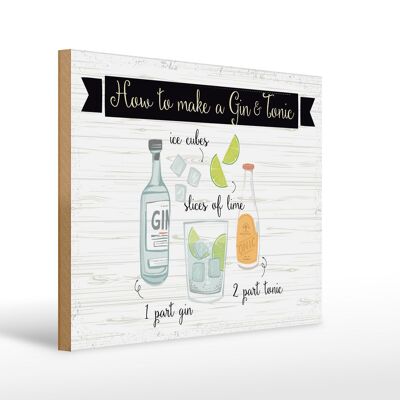 Cartello in legno con scritta "Come fare un Gin & Tonic" 40x30 cm