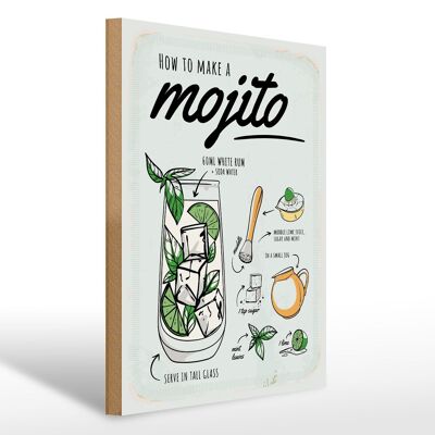 Panneau en bois Recette Mojito Cocktail Reciperhum blanc 30x40cm