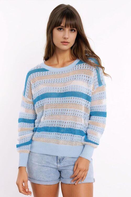 Blue knit sweater with blue and White stripes
