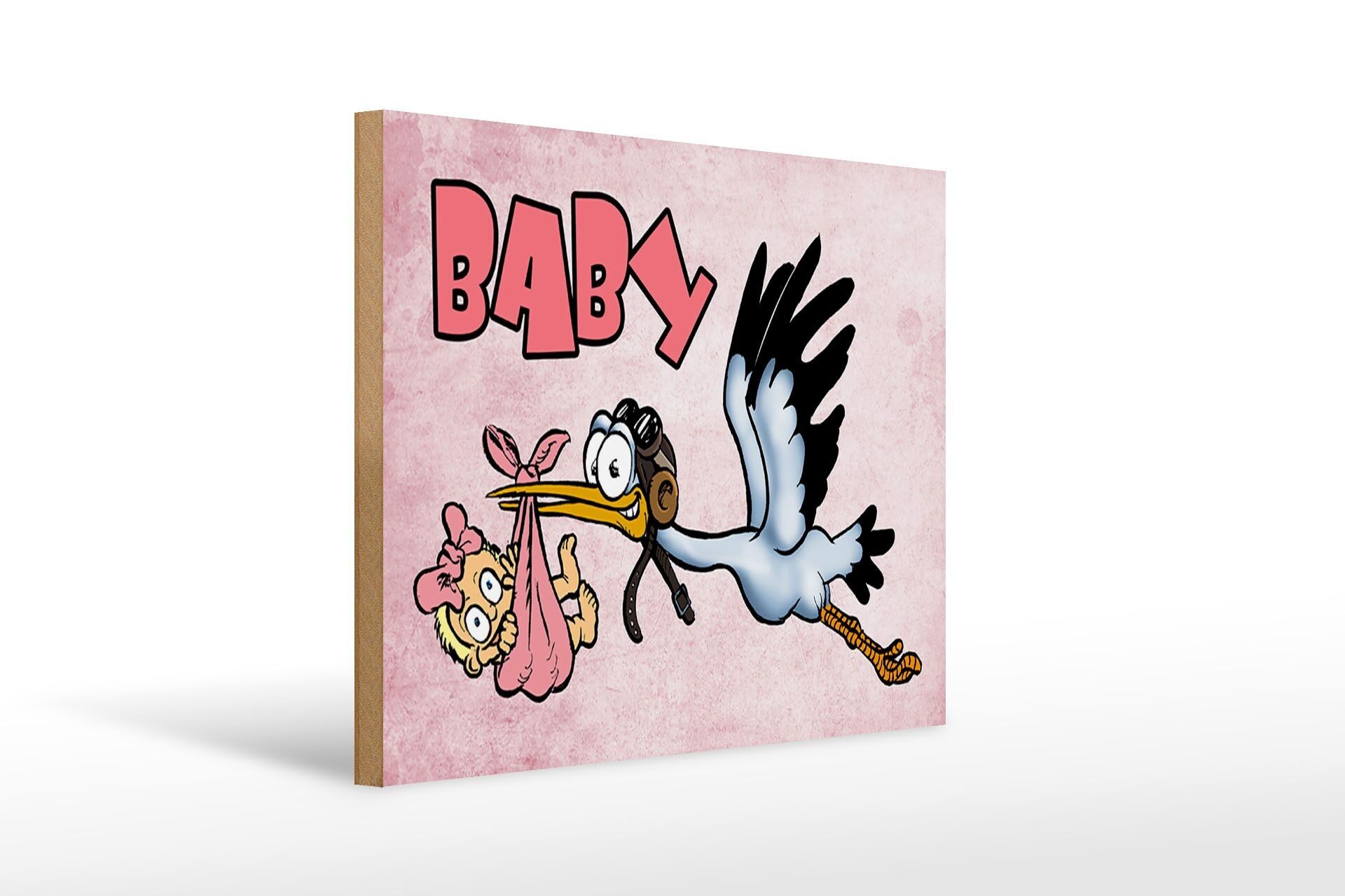 Cartello in legno bambino 40x30 cm cicogna porta bambino in legno rosa