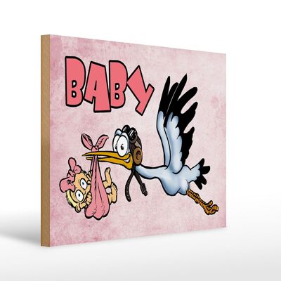 Cartello in legno bambino 40x30 cm cicogna porta bambino in legno rosa