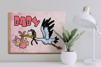 Panneau en bois bébé 40x30cm cigogne amène l'enfant bois rose 3