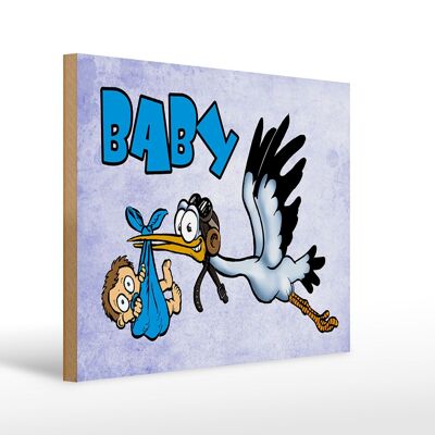 Wooden sign baby 40x30cm stork brings child in blue wood