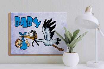 Panneau en bois bébé 40x30cm cigogne amène un enfant en bois bleu 3