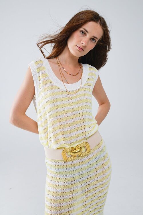 Open Knit Cropped Striped Sleeveless sweater in Yellow and White