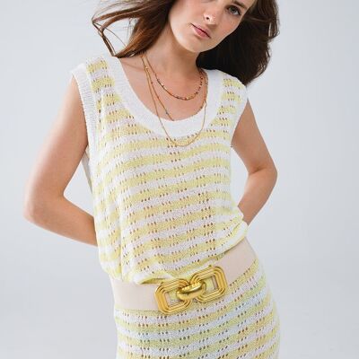 Open Knit Cropped Striped Sleeveless sweater in Yellow and White