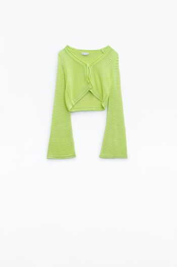 Cardigan tricoté à manches longues en forme de cloche en vert lime avec détail de nœud 6