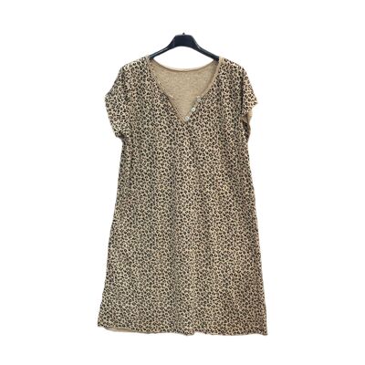 Short leopard cotton dress with buttoned collar