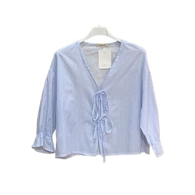 Fine striped blouse with bows, 3/4 sleeves, cotton poplin