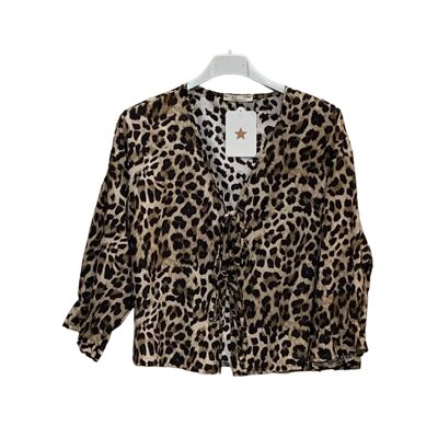 Leopard blouse with bows, 3/4 sleeves, cotton poplin