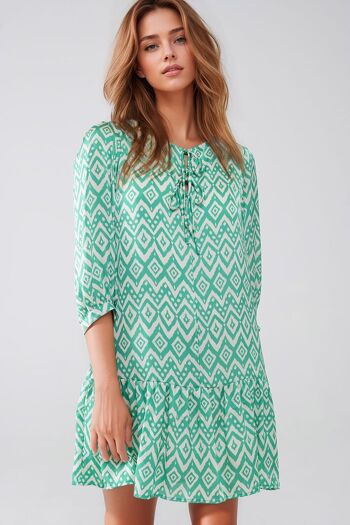 Robe courte avec détails noués sur le devant et imprimé ethnique vert 3