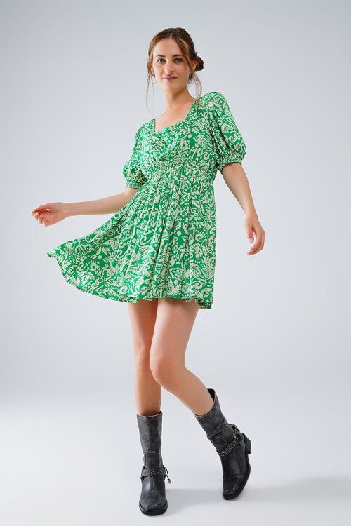 short floral print dress with gathered back in green