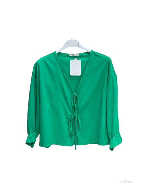 Blouse chemisier uni à noeuds manches 3/4 popeline de coton