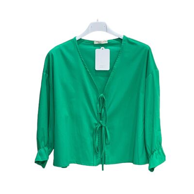 Plain blouse with bows, 3/4 sleeves, cotton poplin