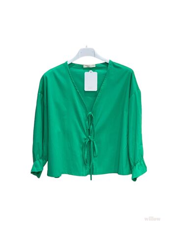 Blouse chemisier uni à noeuds manches 3/4 popeline de coton 1