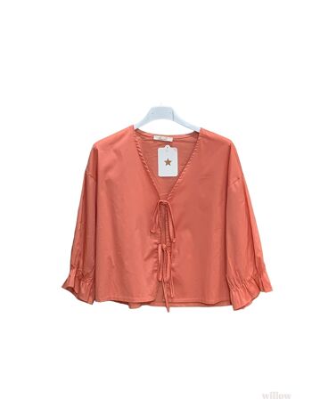 Blouse chemisier uni à noeuds manches 3/4 popeline de coton 2