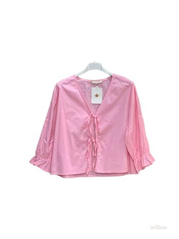 Blouse chemisier uni à noeuds manches 3/4 popeline de coton 9