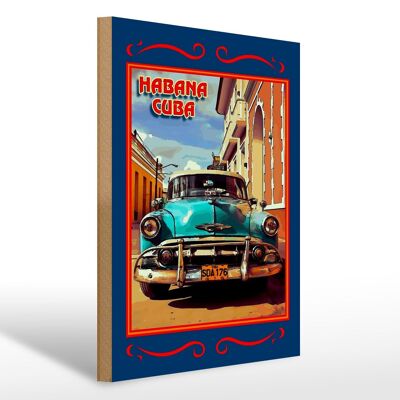 Cartello in legno Cuba 30x40cm Habana Cuba macchina blu