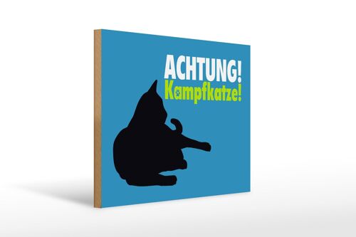 Holzschild Spruch 40x30cm Achtung Kampfkatze Katze blau