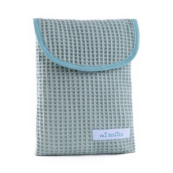 Sac organisateur de couches et lingettes pour bébé, tissu gaufré 100% coton, fermeture velcro rapide, pratique et élégant. 9