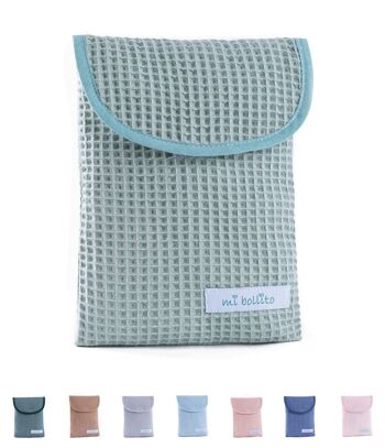 Sac organisateur de couches et lingettes pour bébé, tissu gaufré 100% coton, fermeture velcro rapide, pratique et élégant. 12