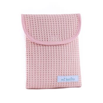 Sac organisateur de couches et lingettes pour bébé, tissu gaufré 100% coton, fermeture velcro rapide, pratique et élégant. 13