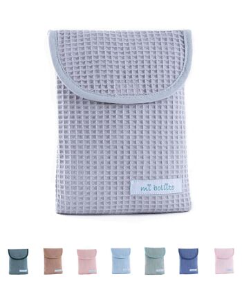 Sac organisateur de couches et lingettes pour bébé, tissu gaufré 100% coton, fermeture velcro rapide, pratique et élégant. 28