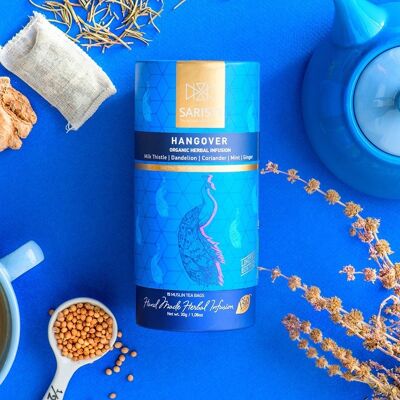 SARISTI Hangover Organic Herbal Tea Blend , Carton Cylinder , 15 muslin tea bags