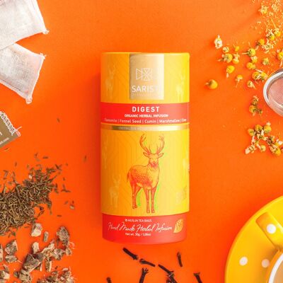 SARISTI Digest Organic Herbal Tea Blend , Carton Cylinder , 15 muslin tea bags