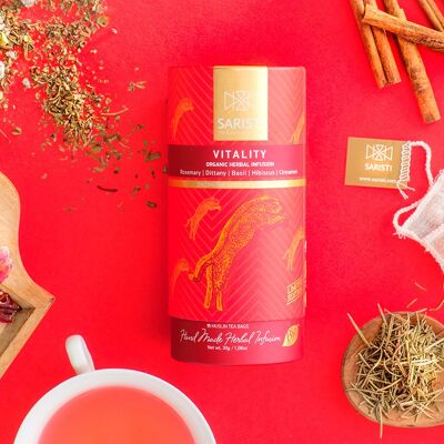 SARISTI Vitality Organic Herbal Tea Blend , Carton Cylinder , 15 muslin tea bags