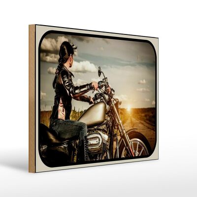 Holzschild Motorrad 40x30cm Frau Girl Sonnenaufgang