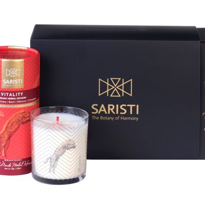 SARISTI Vitality Discovery Gift Set Golden Edition Organic Herbal Tea Blend & Assorted Natural Candle