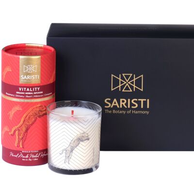 SARISTI Vitality Discovery Gift Set Golden Edition Organic Herbal Tea Blend & Assorted Natural Candle