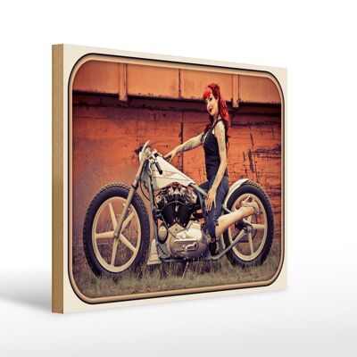 Cartel de madera moto 40x30cm biker chica mujer pin up