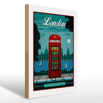 Cartel de madera Londres 30x40cm rojo Teléfono Inglaterra teléfono