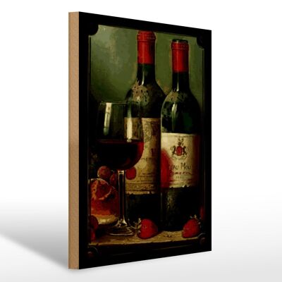 Cartel de madera art 30x40cm bodegón vino tinto fresas fruta