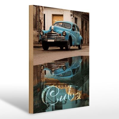 Cartello in legno con scritta 30x40 cm Cuba car blu auto d'epoca