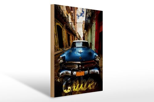 Holzschild Spruch 30x40cm Cuba blaues Auto