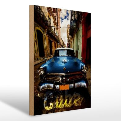 Holzschild Spruch 30x40cm Cuba blaues Auto