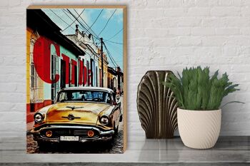Panneau en bois indiquant 30x40cm Cuba vieille voiture jaune vintage 3