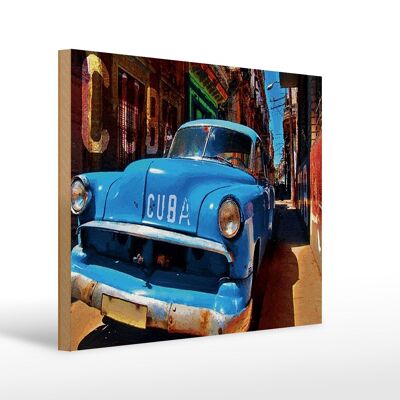 Cartel de madera que dice 40x30cm Cuba coche coche clásico azul