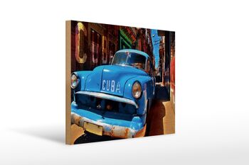 Panneau en bois disant 40x30cm Cuba voiture voiture classique bleue 1
