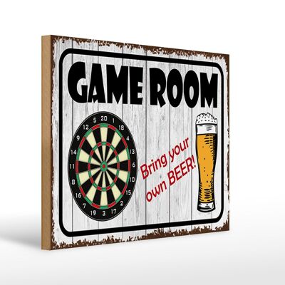 Letrero de madera que dice Sala de juegos de dardos 40x30cm trae tu cerveza